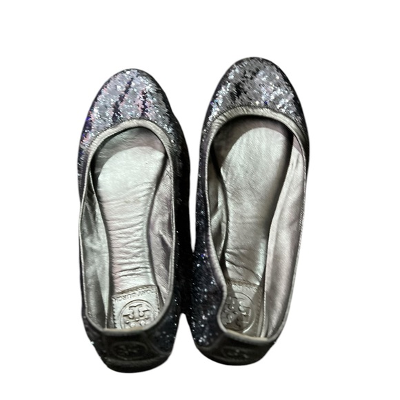 TORY BURCH Eddie Pewter Leather Glitter Ballet Flats - Picture 15 of 15